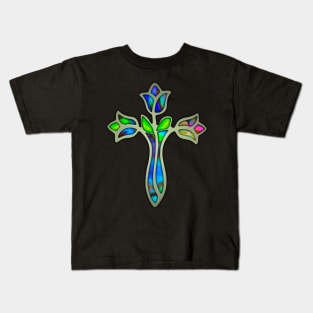 Stained Glass Rose Cross Kids T-Shirt